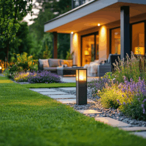 Jardin paysager de nuit avec chemin éclairé, lavande violette et pelouse verte. Maison moderne en arrière-plan avec terrasse et meubles d'extérieur.