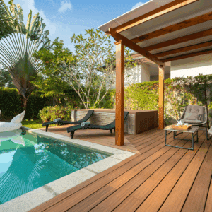 Terrasse en bois clair avec piscine turquoise, chaises longues, pergola ombragée et végétation tropicale luxuriante. Vue relaxante.